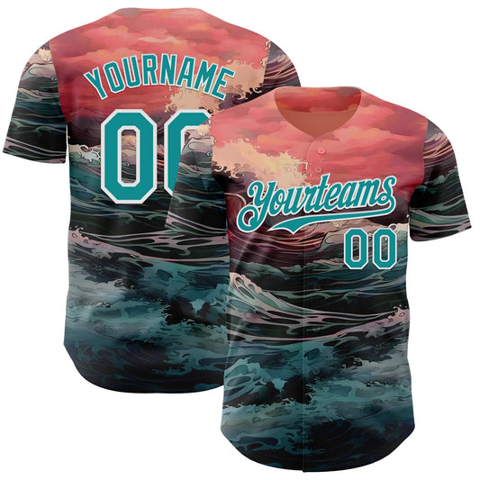 Custom Pink Teal-White Japanese Wave Authentic Baseball Jersey - Main View