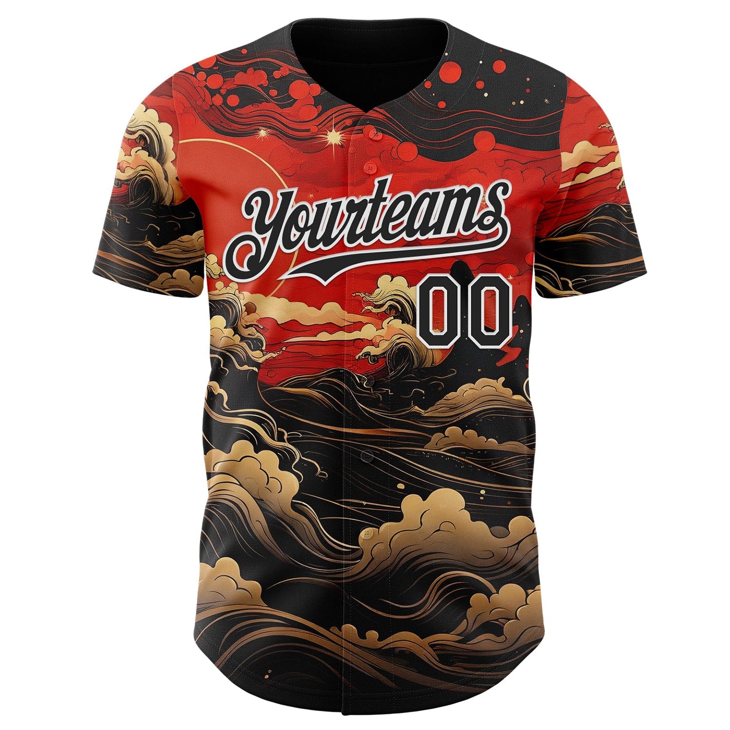 Custom Red Black-White Japanese Wave Authentic Baseball Jersey view 2