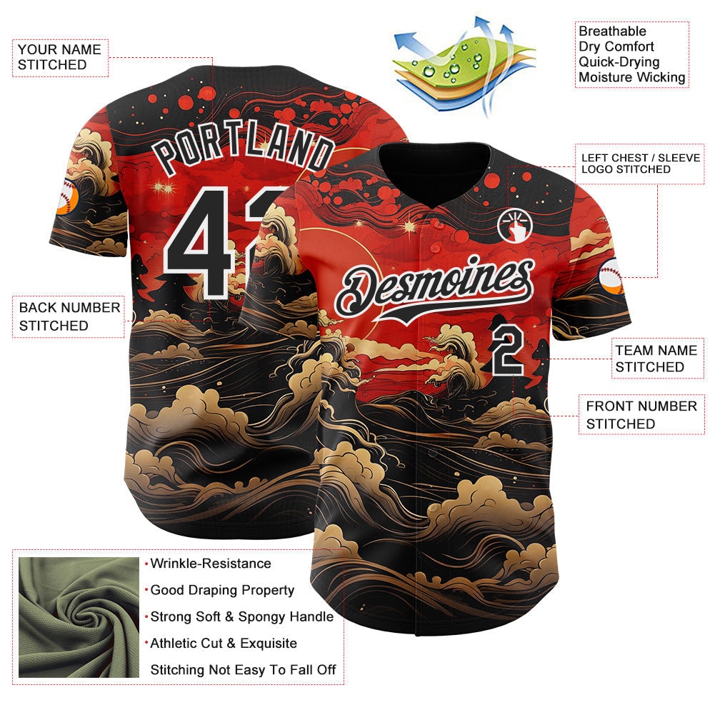Custom Red Black-White Japanese Wave Authentic Baseball Jersey view 3