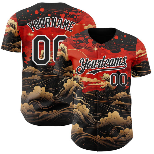 Custom Red Black-White Japanese Wave Authentic Baseball Jersey - Main View