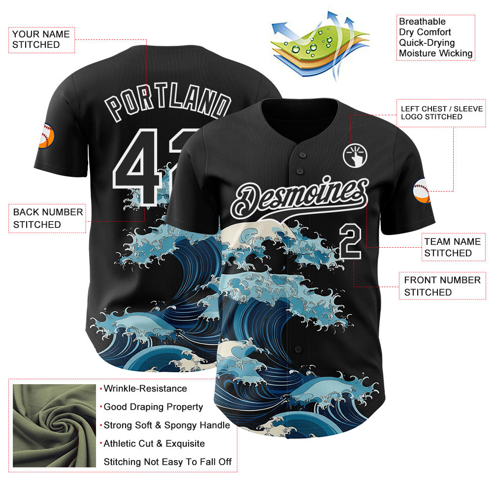Custom Black-White Japanese Wave Authentic Baseball Jersey view 3