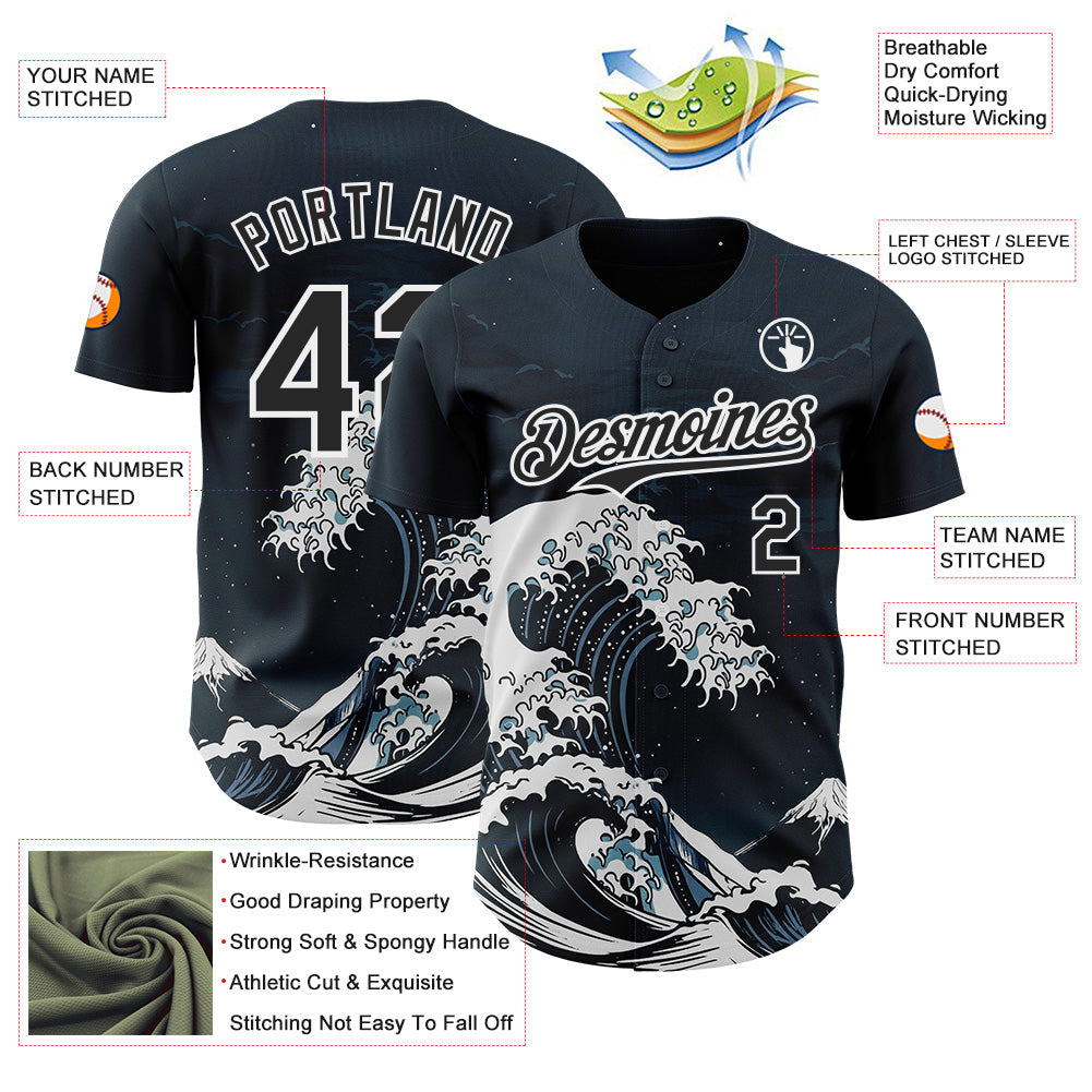 Custom Black-White Japanese Wave Authentic Baseball Jersey view 3