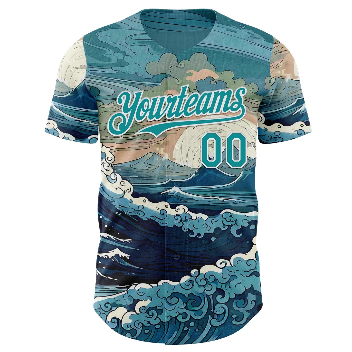Custom Green Teal-White Japanese Wave Authentic Baseball Jersey view 2