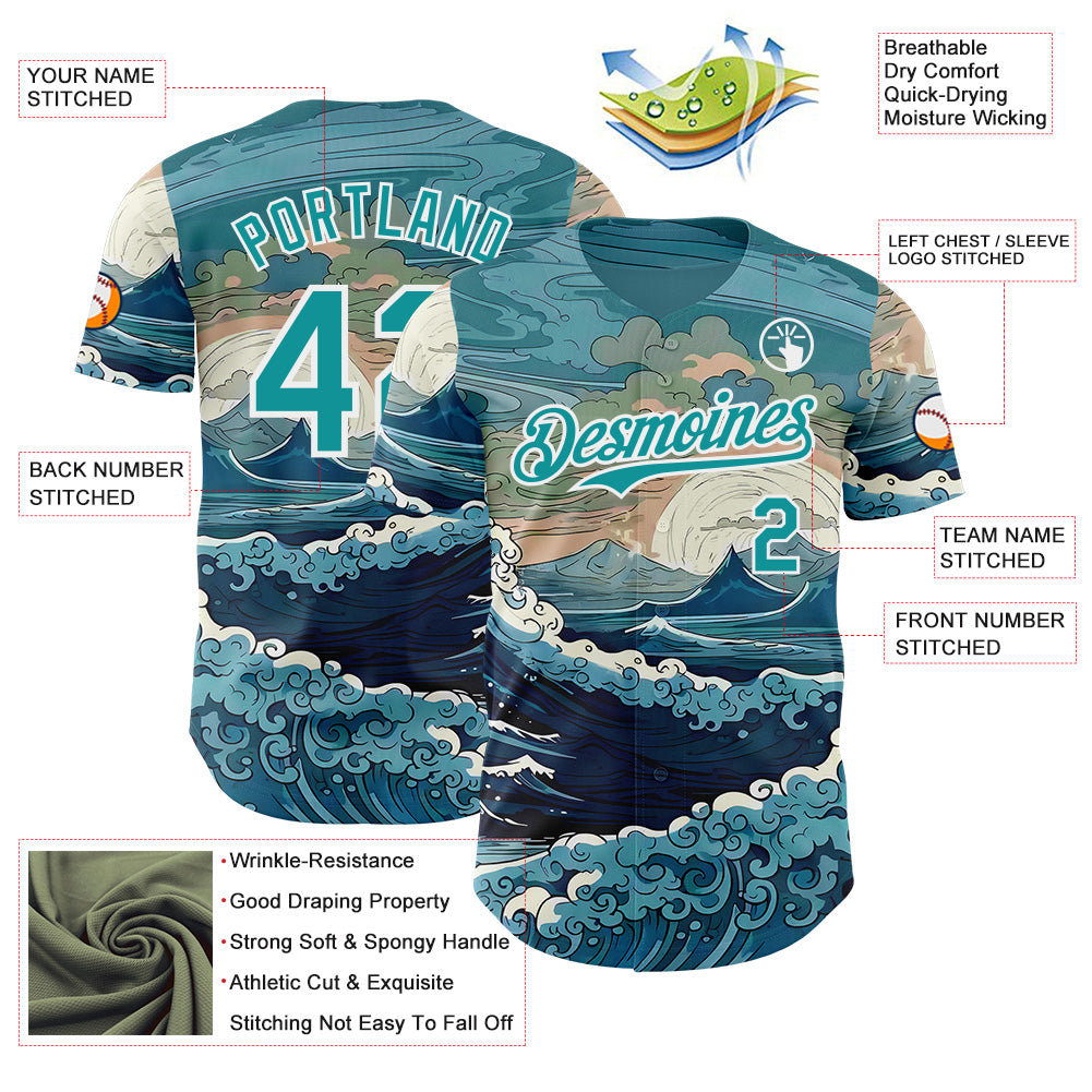 Custom Green Teal-White Japanese Wave Authentic Baseball Jersey view 3