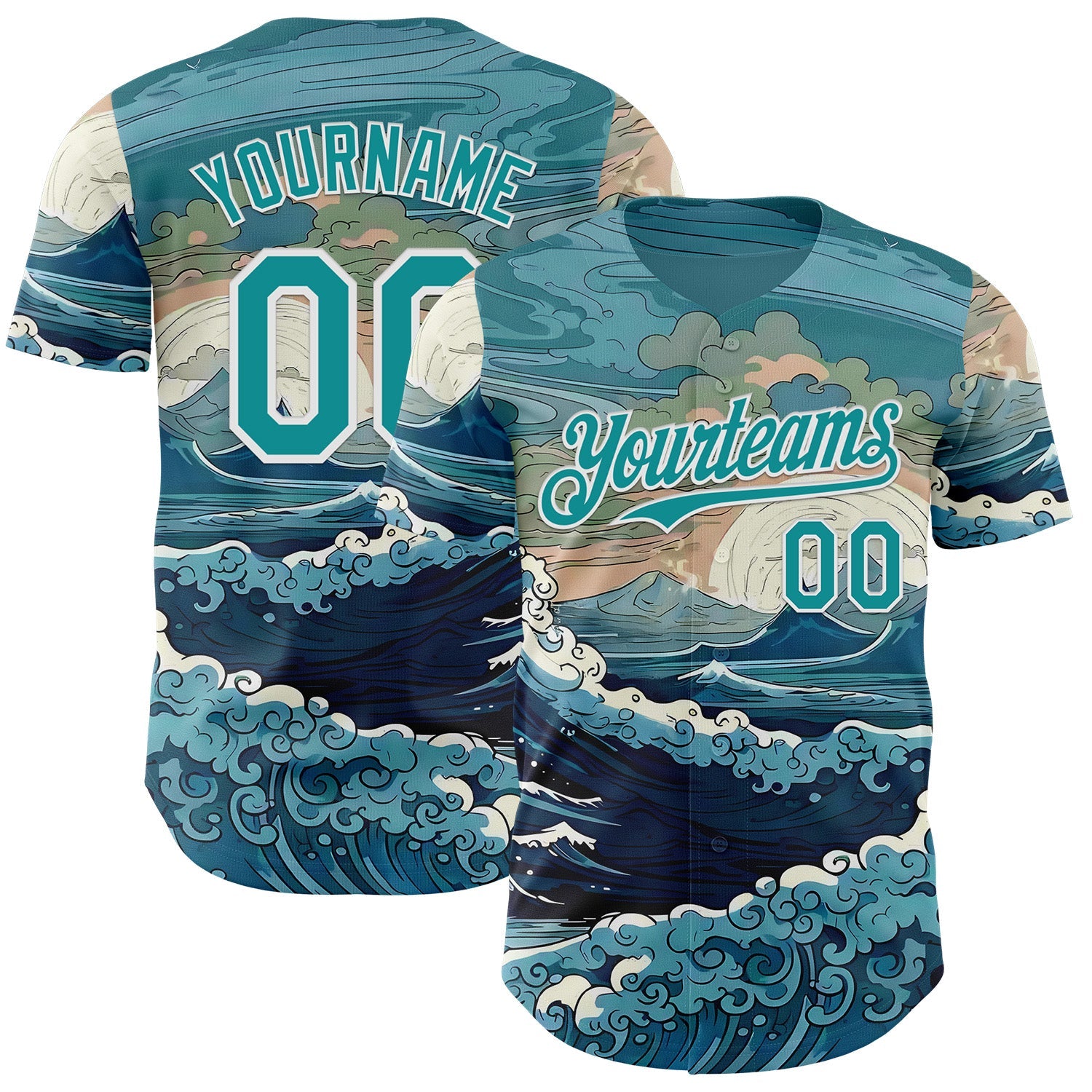 Custom Green Teal-White Japanese Wave Authentic Baseball Jersey - Main View