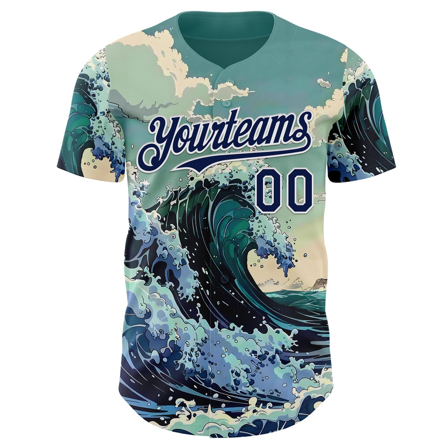 Custom Green Navy-White Japanese Wave Authentic Baseball Jersey view 2