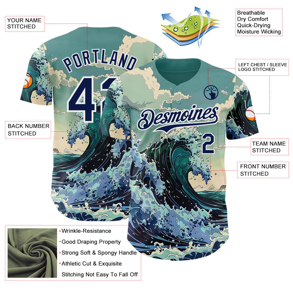 Custom Green Navy-White Japanese Wave Authentic Baseball Jersey view 3