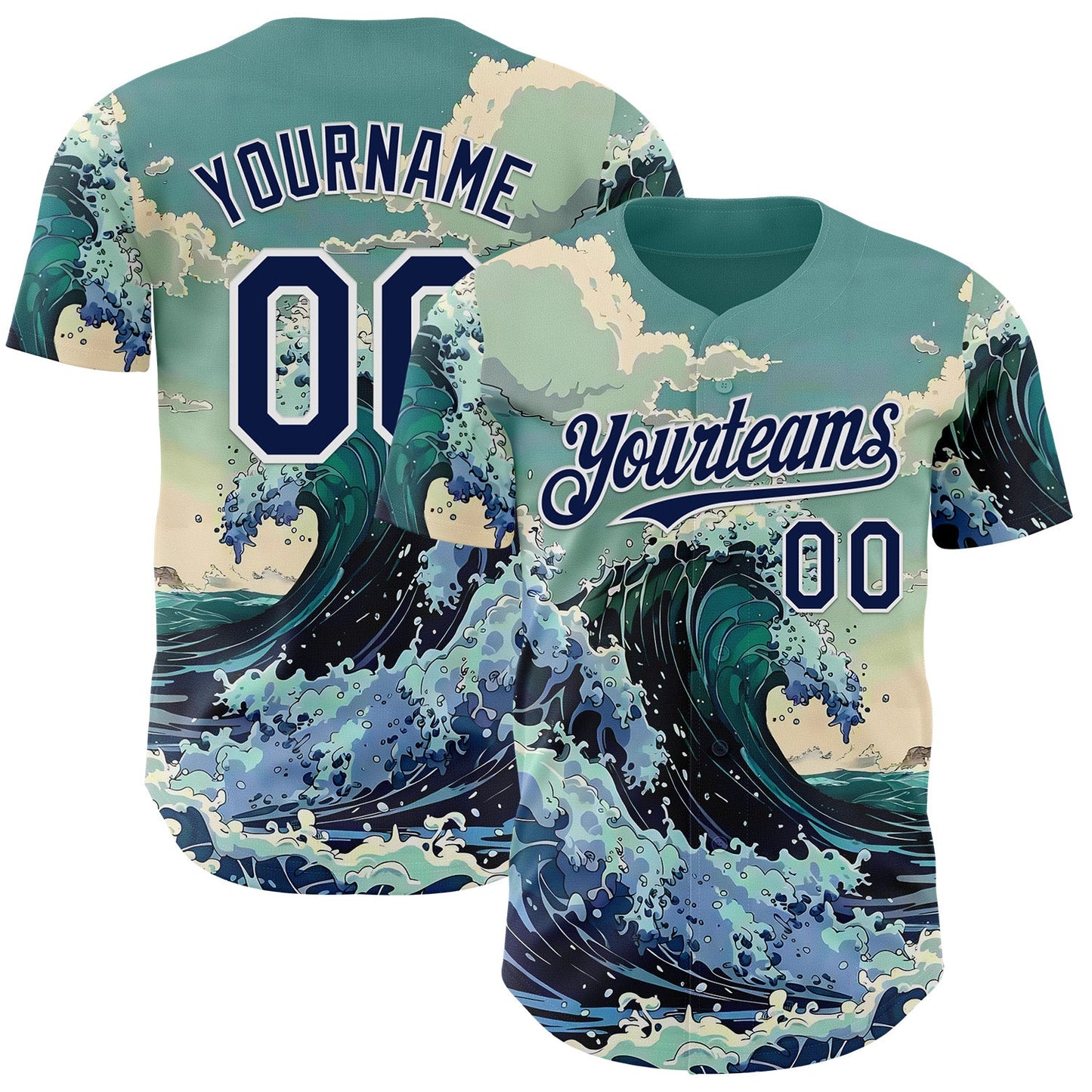 Custom Green Navy-White Japanese Wave Authentic Baseball Jersey - Main View