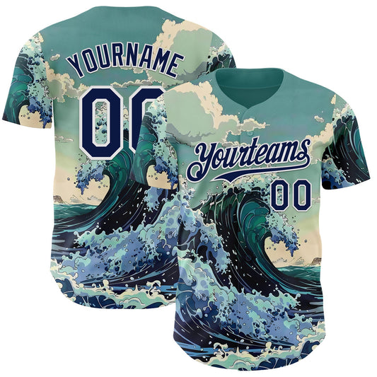 Custom Green Navy-White Japanese Wave Authentic Baseball Jersey - Main View