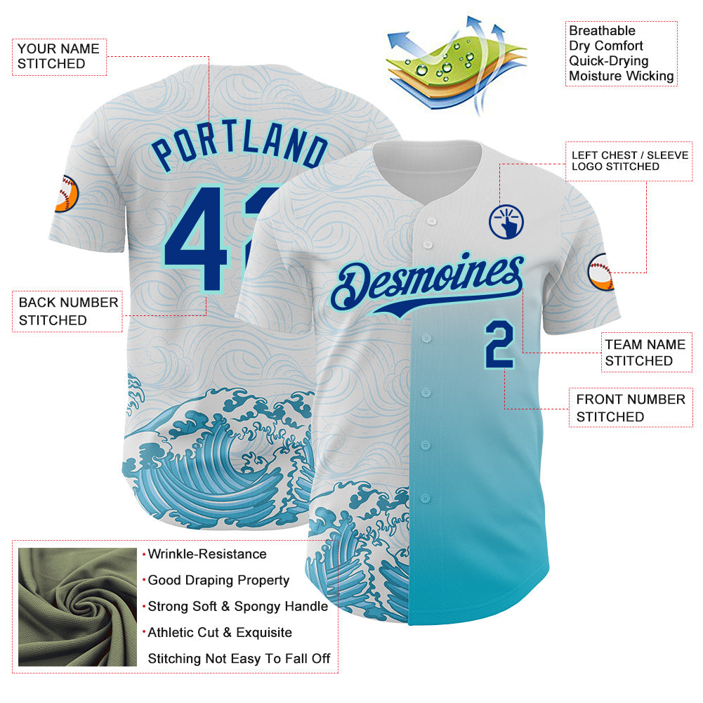 Custom White Royal-Ice Blue Japanese Wave Authentic Baseball Jersey view 3