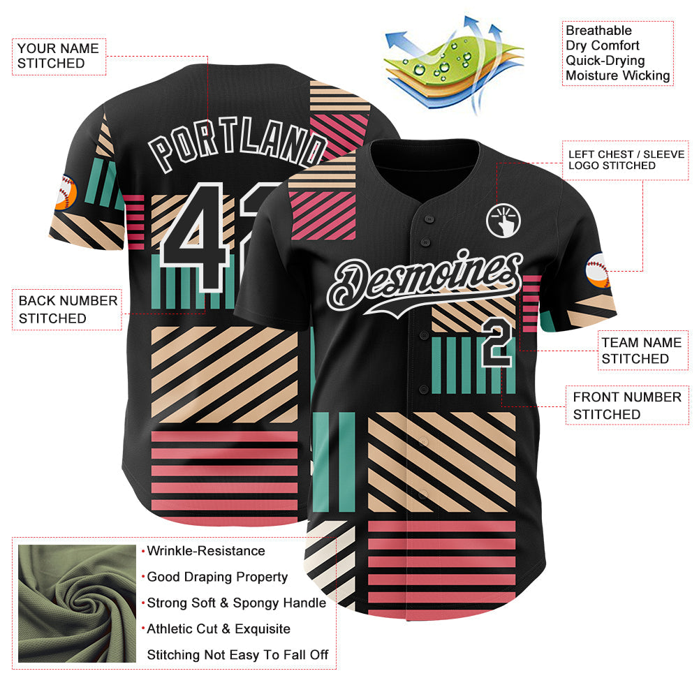 Custom Black-White Geometric Patchwork Asymmetry Authentic Baseball Jersey view 3