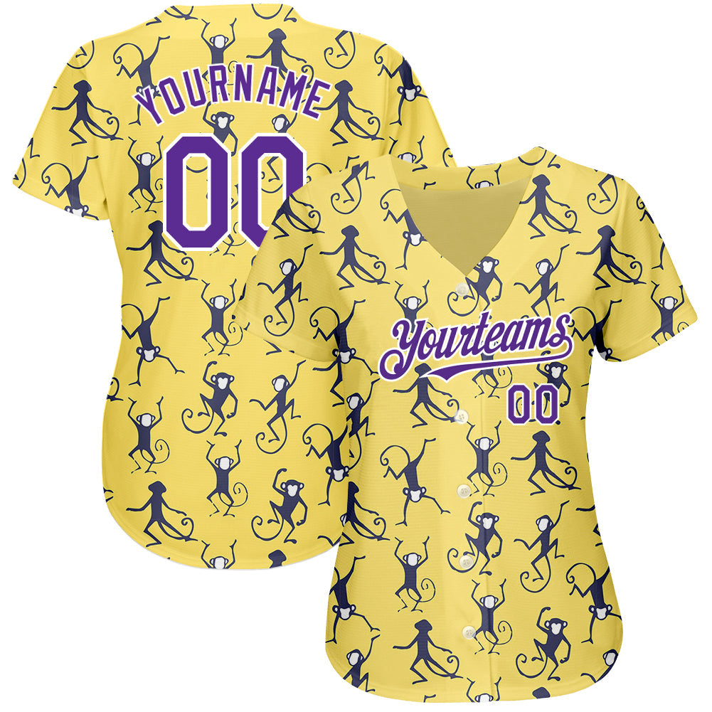 Custom Yellow Purple-White 3D Pattern Design Monkey Authentic Baseball Jersey view 2