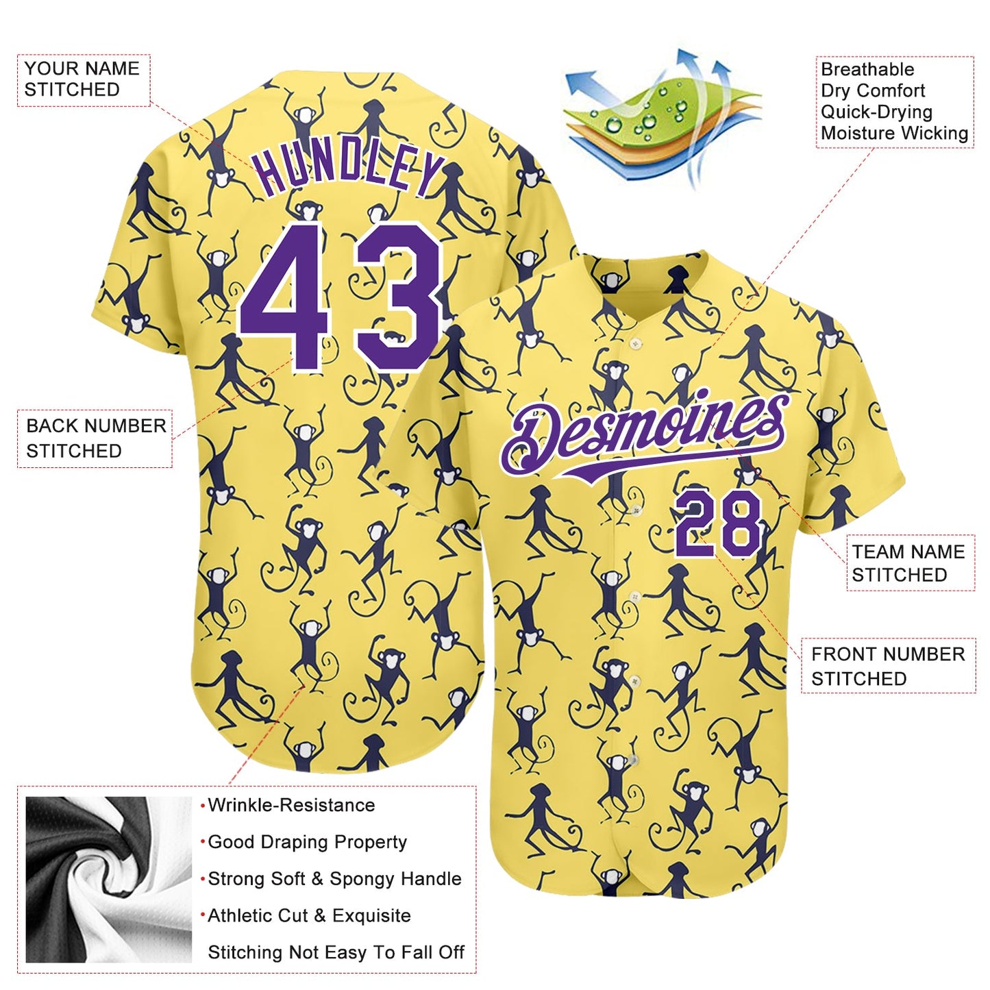 Custom Yellow Purple-White 3D Pattern Design Monkey Authentic Baseball Jersey view 3