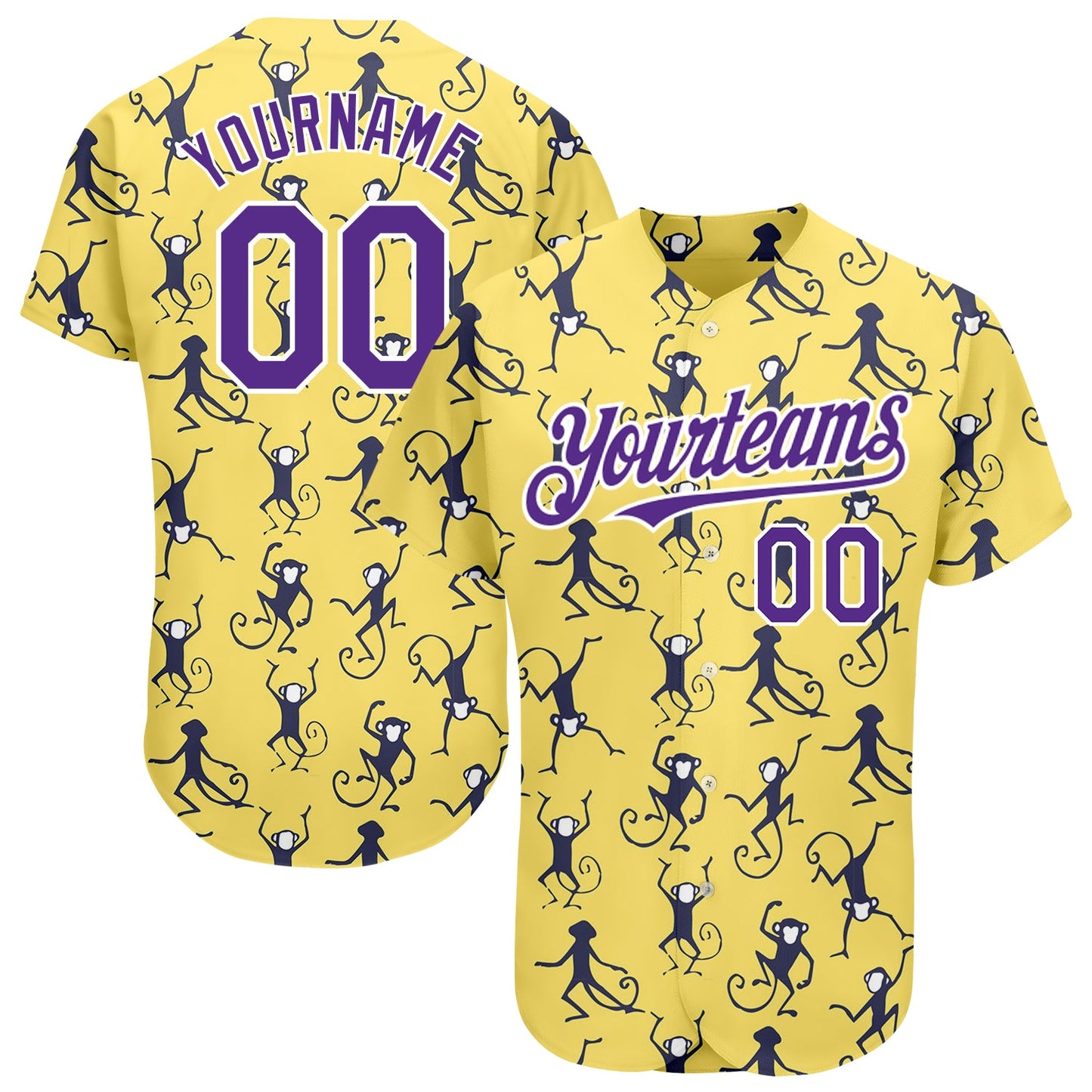 Custom Yellow Purple-White 3D Pattern Design Monkey Authentic Baseball Jersey - Main View