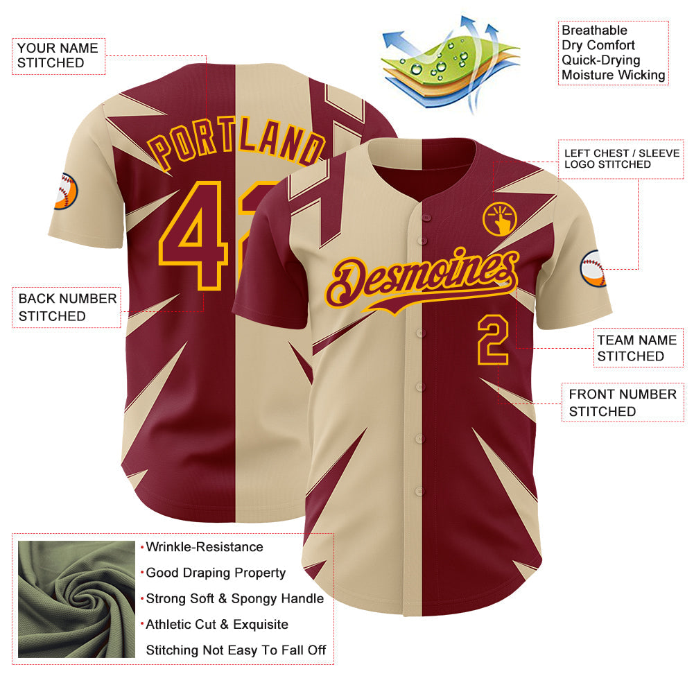 Custom City Cream Crimson-Gold Geometric Patchwork Asymmetry Split Authentic Baseball Jersey view 3