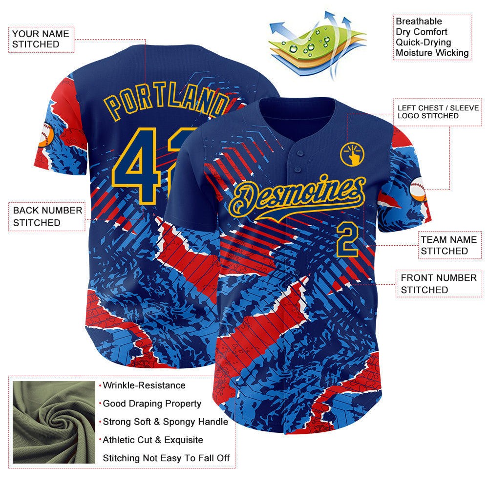 Custom US Navy Blue Red-Gold Geometric Patchwork Asymmetry Authentic Baseball Jersey view 3