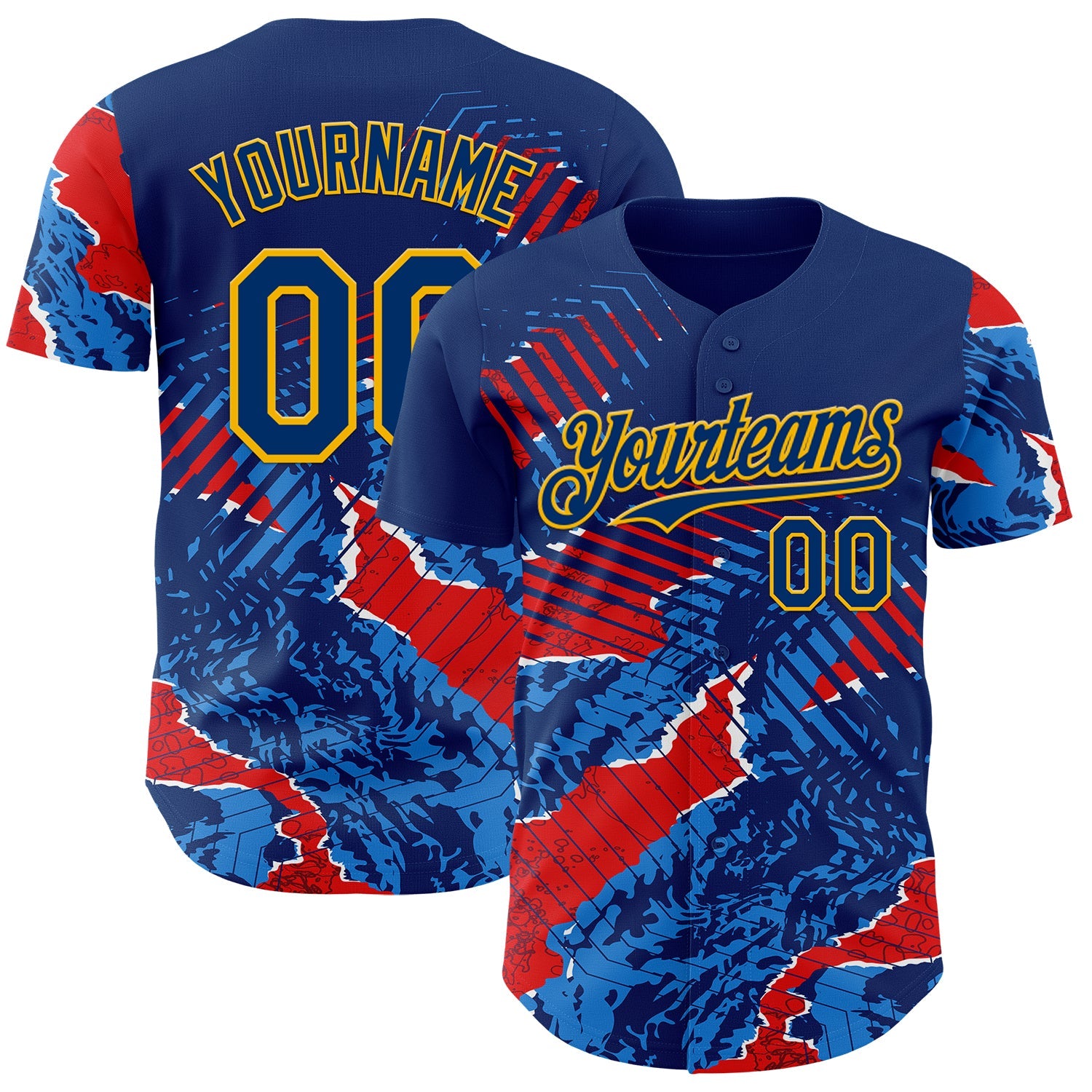 Custom US Navy Blue Red-Gold Geometric Patchwork Asymmetry Authentic Baseball Jersey - Main View