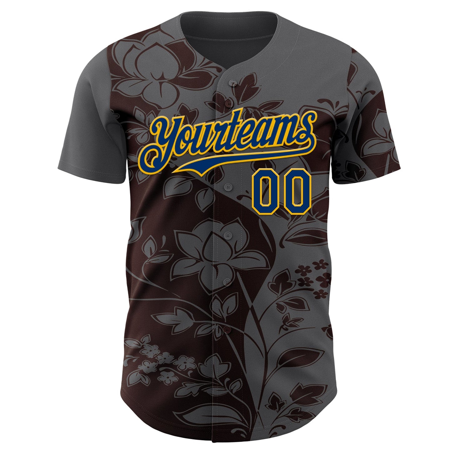 Custom Steel Gray US Navy Blue Brown-Gold Geometric Color Block Asymmetry Tropical Floral Authentic Baseball Jersey view 2