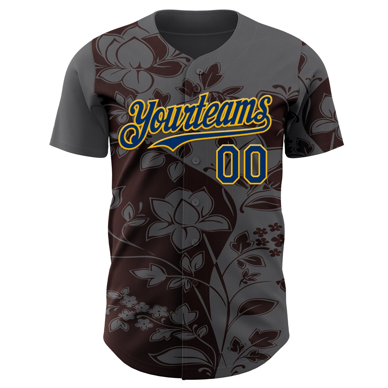 Custom Steel Gray US Navy Blue Brown-Gold Geometric Color Block Asymmetry Tropical Floral Authentic Baseball Jersey view 2