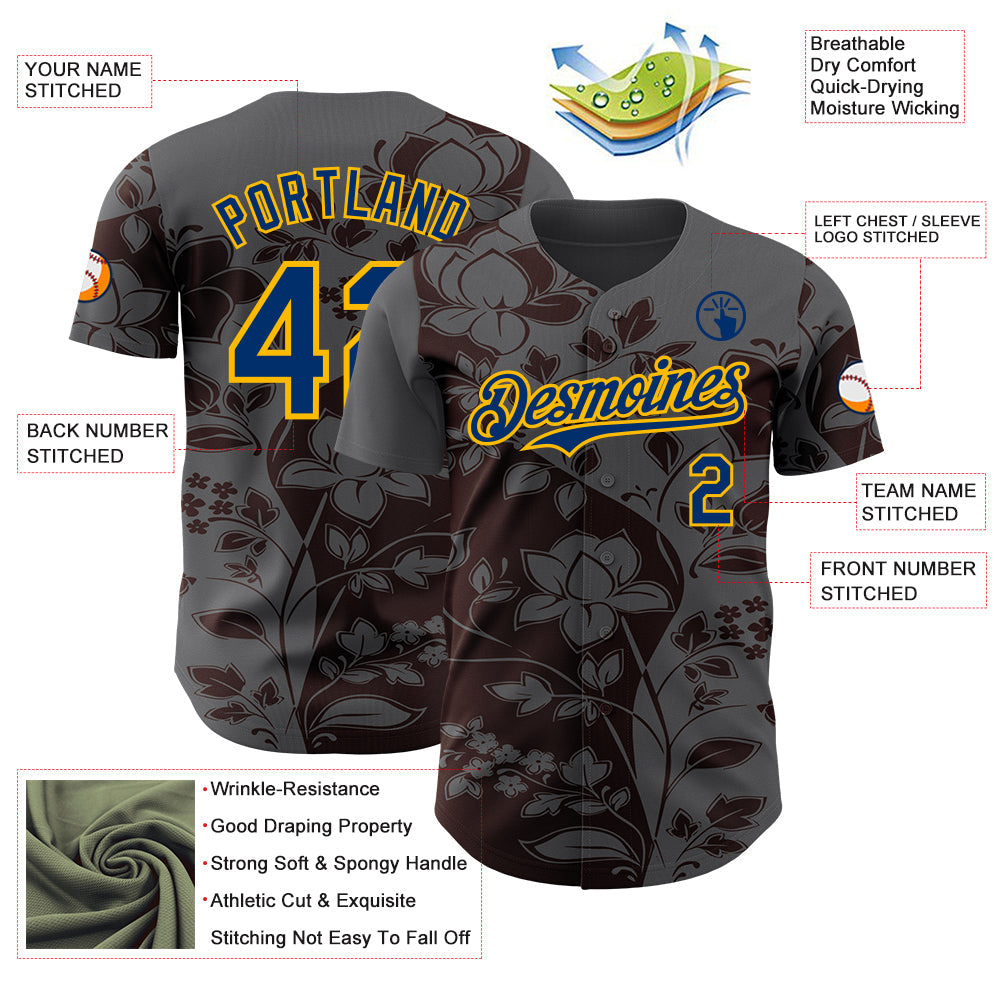 Custom Steel Gray US Navy Blue Brown-Gold Geometric Color Block Asymmetry Tropical Floral Authentic Baseball Jersey view 3