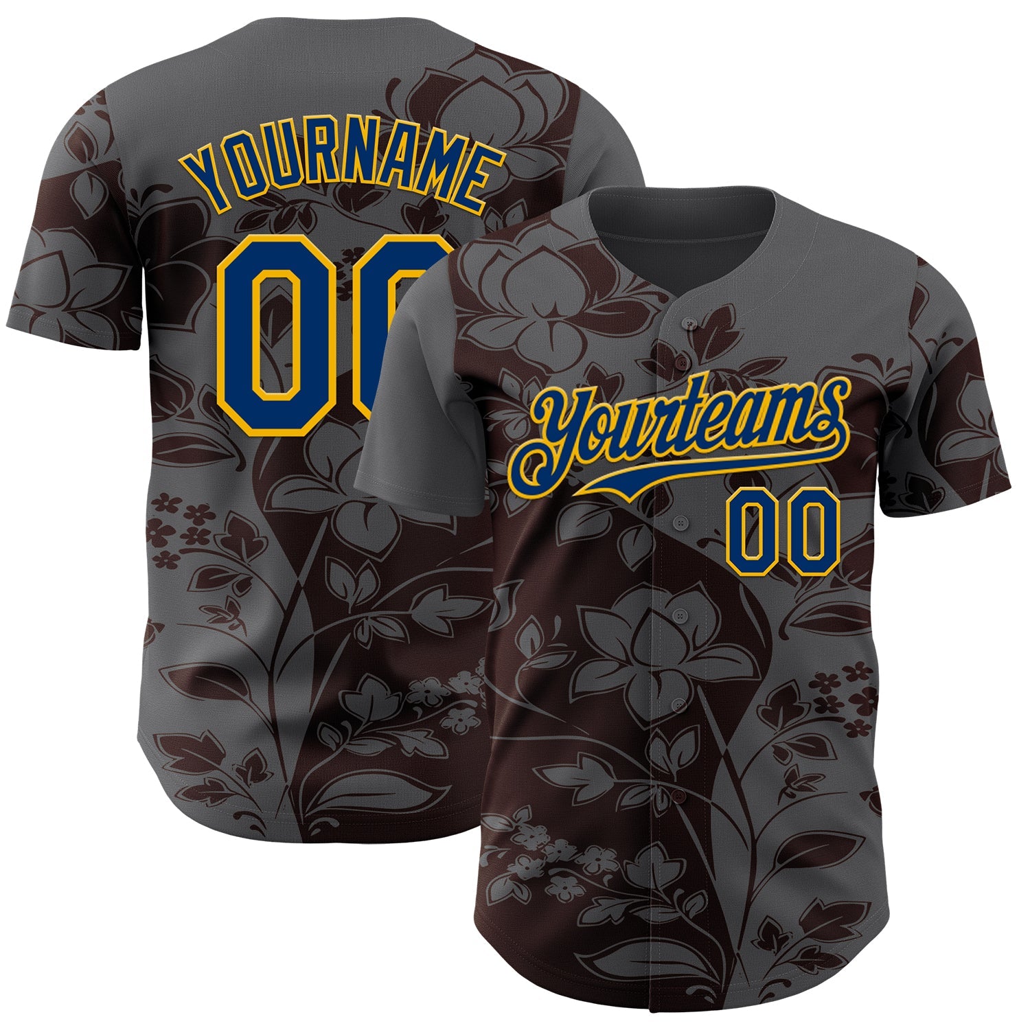 Custom Steel Gray US Navy Blue Brown-Gold Geometric Color Block Asymmetry Tropical Floral Authentic Baseball Jersey - Main View