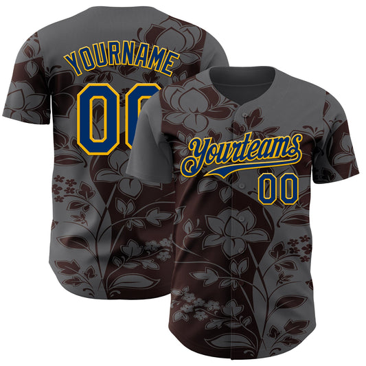 Custom Steel Gray US Navy Blue Brown-Gold Geometric Color Block Asymmetry Tropical Floral Authentic Baseball Jersey - Main View