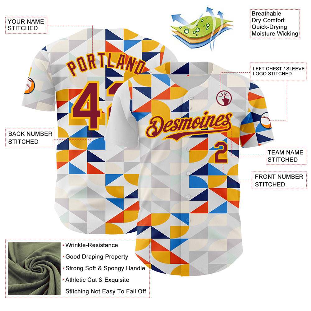 Custom White Crimson-Gold Geometric Patchwork Asymmetry Authentic Baseball Jersey view 3