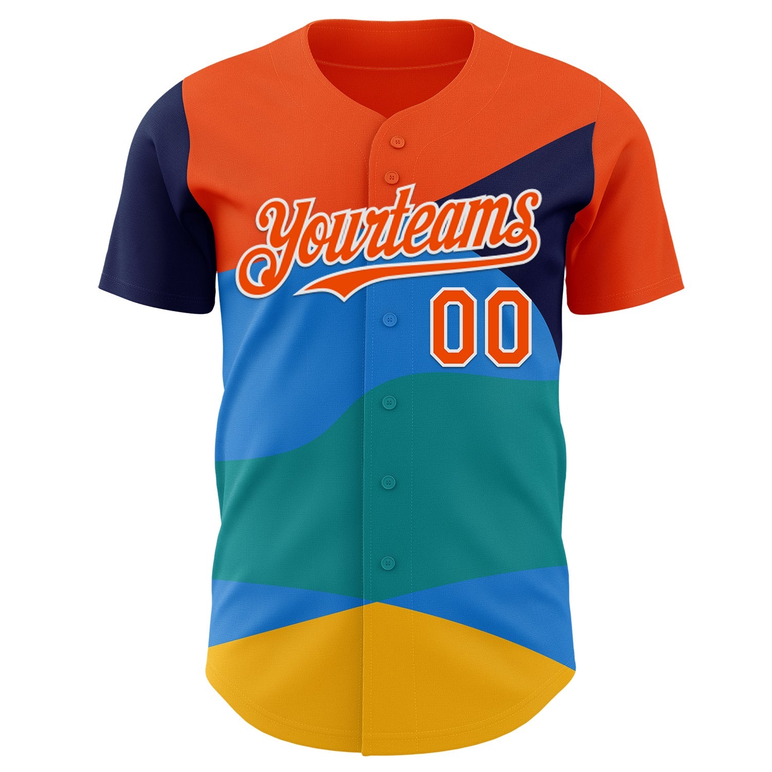 Custom Orange Blue Yellow-White Geometric Patchwork Asymmetry Wave Color Block Authentic Baseball Jersey view 2