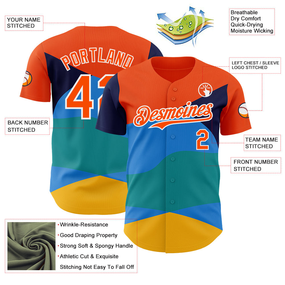 Custom Orange Blue Yellow-White Geometric Patchwork Asymmetry Wave Color Block Authentic Baseball Jersey view 3