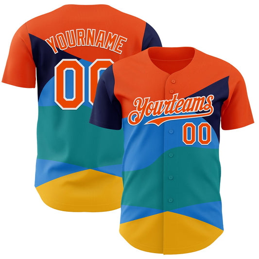 Custom Orange Blue Yellow-White Geometric Patchwork Asymmetry Wave Color Block Authentic Baseball Jersey - Main View
