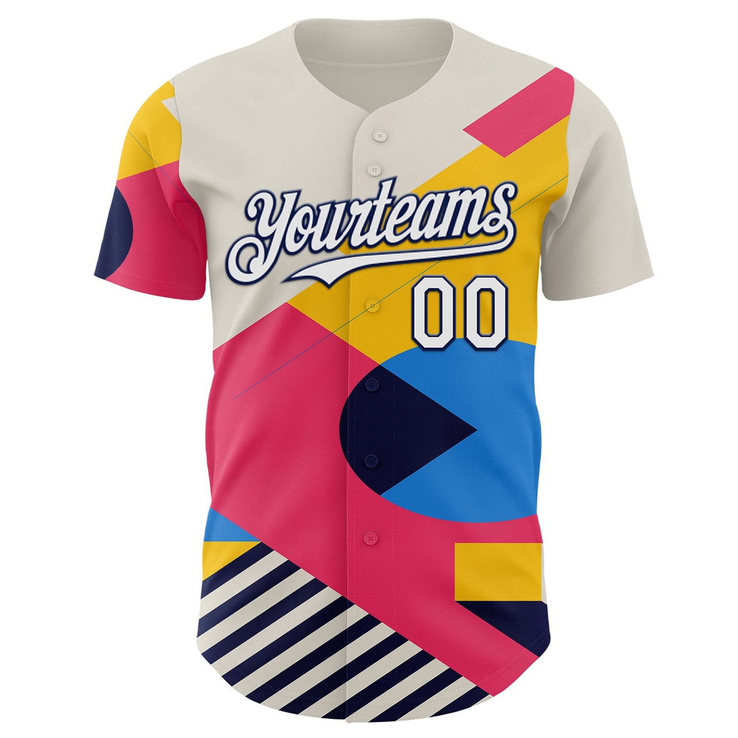 Custom Cream White Neon Pink Yellow-Navy Geometric Patchwork Asymmetry Authentic Baseball Jersey view 2