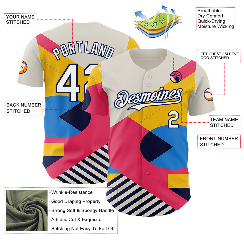 Custom Cream White Neon Pink Yellow-Navy Geometric Patchwork Asymmetry Authentic Baseball Jersey view 3