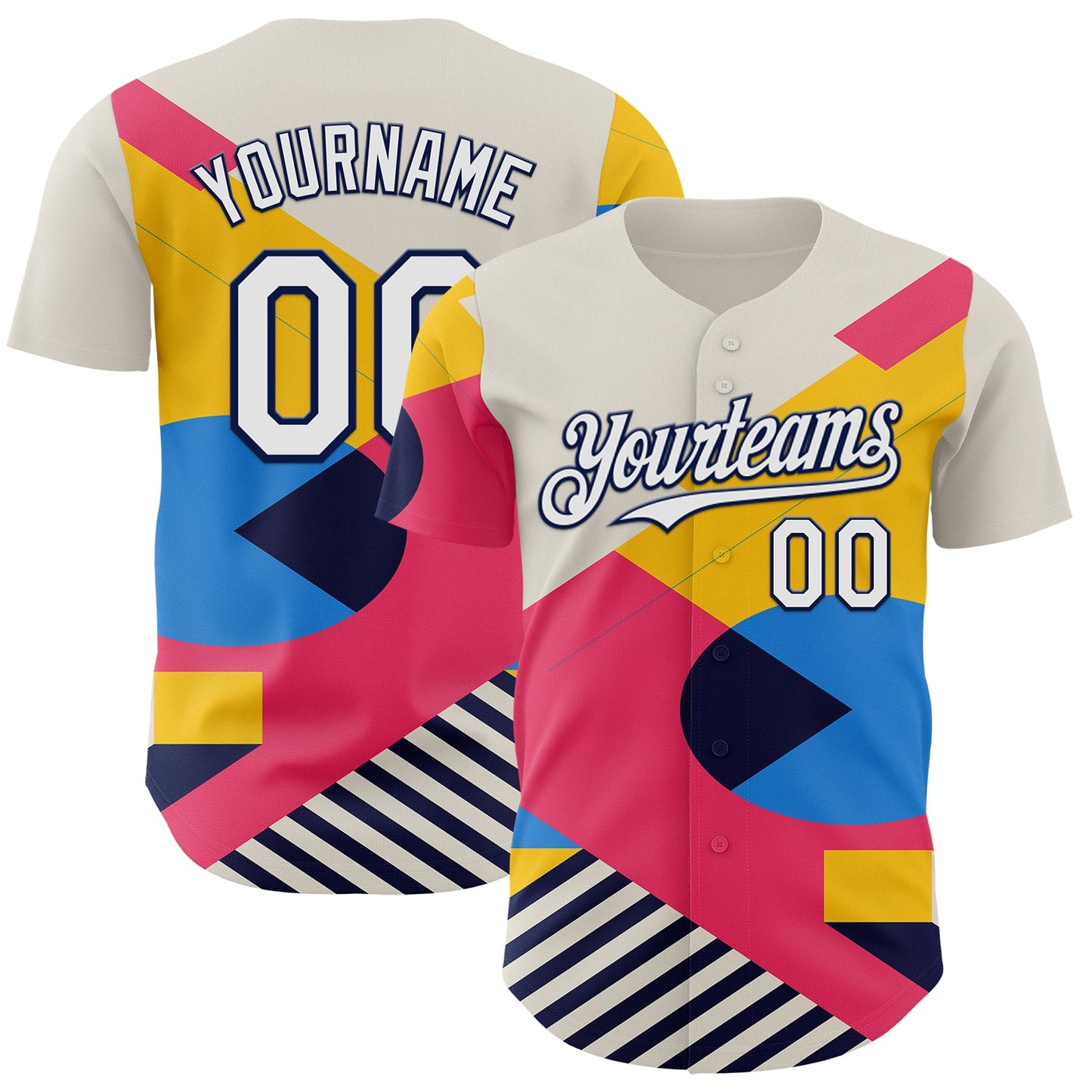 Custom Cream White Neon Pink Yellow-Navy Geometric Patchwork Asymmetry Authentic Baseball Jersey - Main View