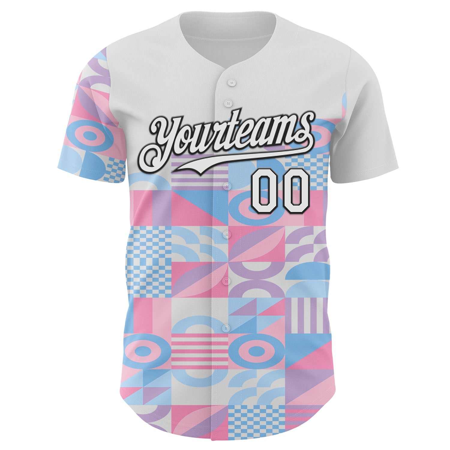 Custom White Pink Blue-Black Geometric Patchwork Asymmetry Authentic Baseball Jersey view 2