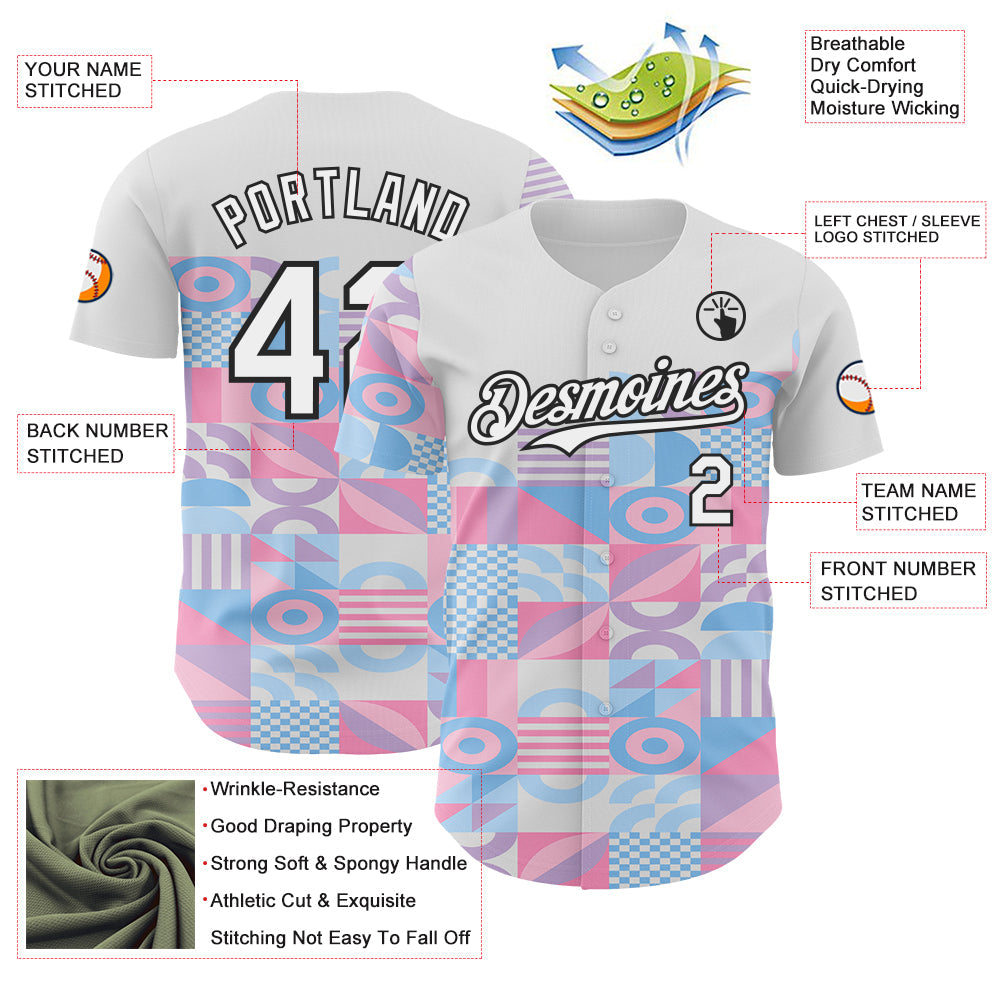 Custom White Pink Blue-Black Geometric Patchwork Asymmetry Authentic Baseball Jersey view 3