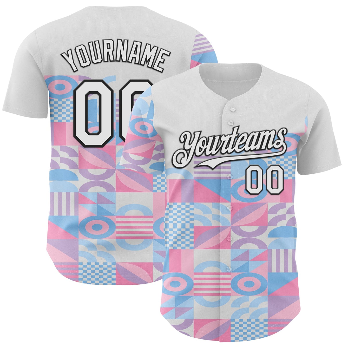 Custom White Pink Blue-Black Geometric Patchwork Asymmetry Authentic Baseball Jersey - Main View