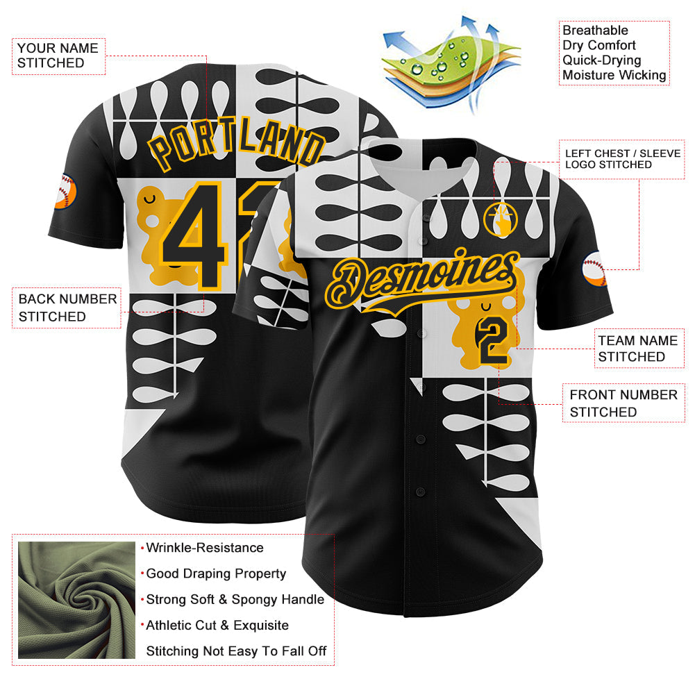 Custom White Black-Gold Geometric Patchwork Asymmetry Authentic Baseball Jersey view 3