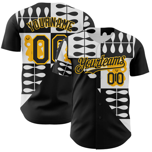 Custom White Black-Gold Geometric Patchwork Asymmetry Authentic Baseball Jersey - Main View