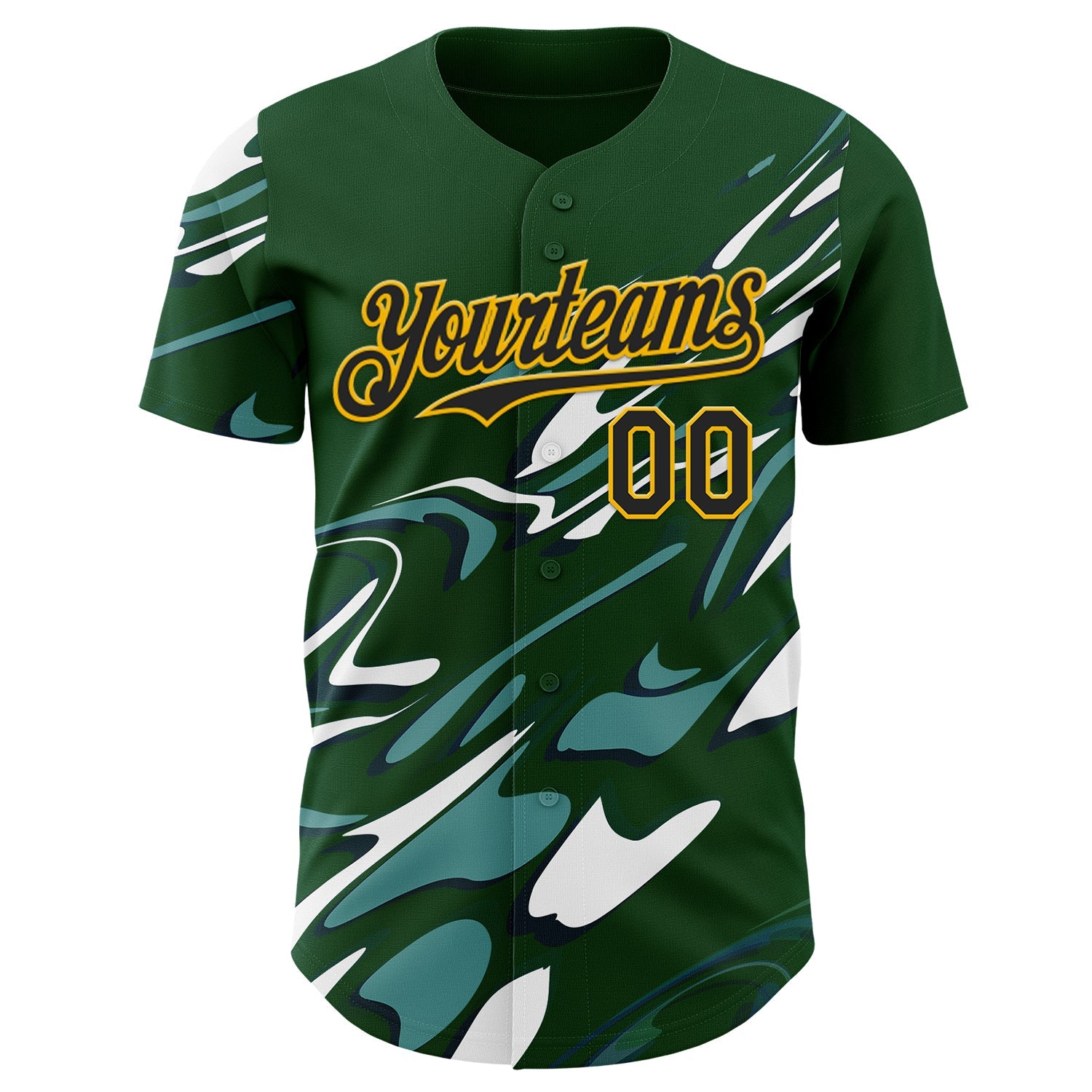 Custom Green Black-Gold Geometric Patchwork Asymmetry Fluid Swirl Authentic Baseball Jersey view 2