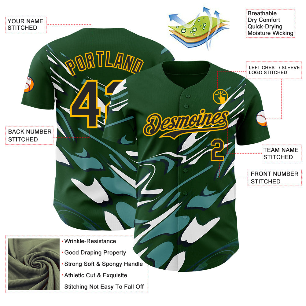 Custom Green Black-Gold Geometric Patchwork Asymmetry Fluid Swirl Authentic Baseball Jersey view 3