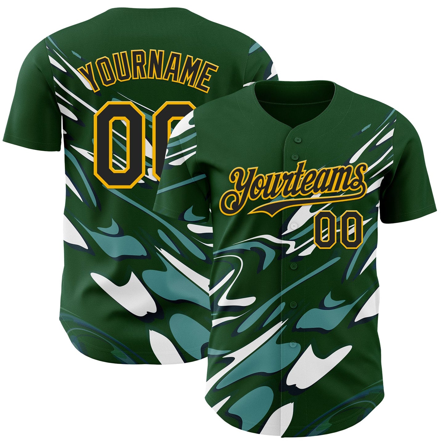 Custom Green Black-Gold Geometric Patchwork Asymmetry Fluid Swirl Authentic Baseball Jersey - Main View