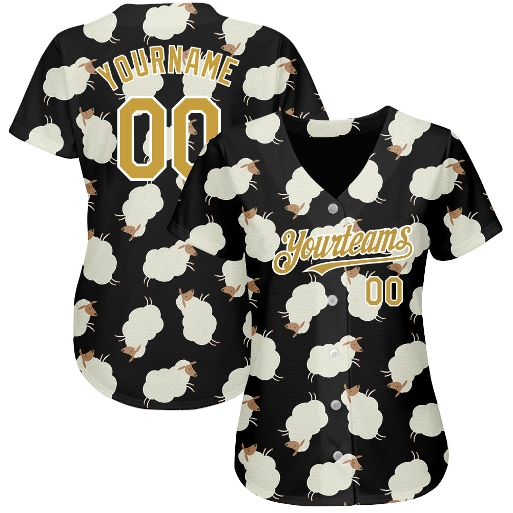 Custom Black Old Gold-White 3D Pattern Design Goat Authentic Baseball Jersey view 2
