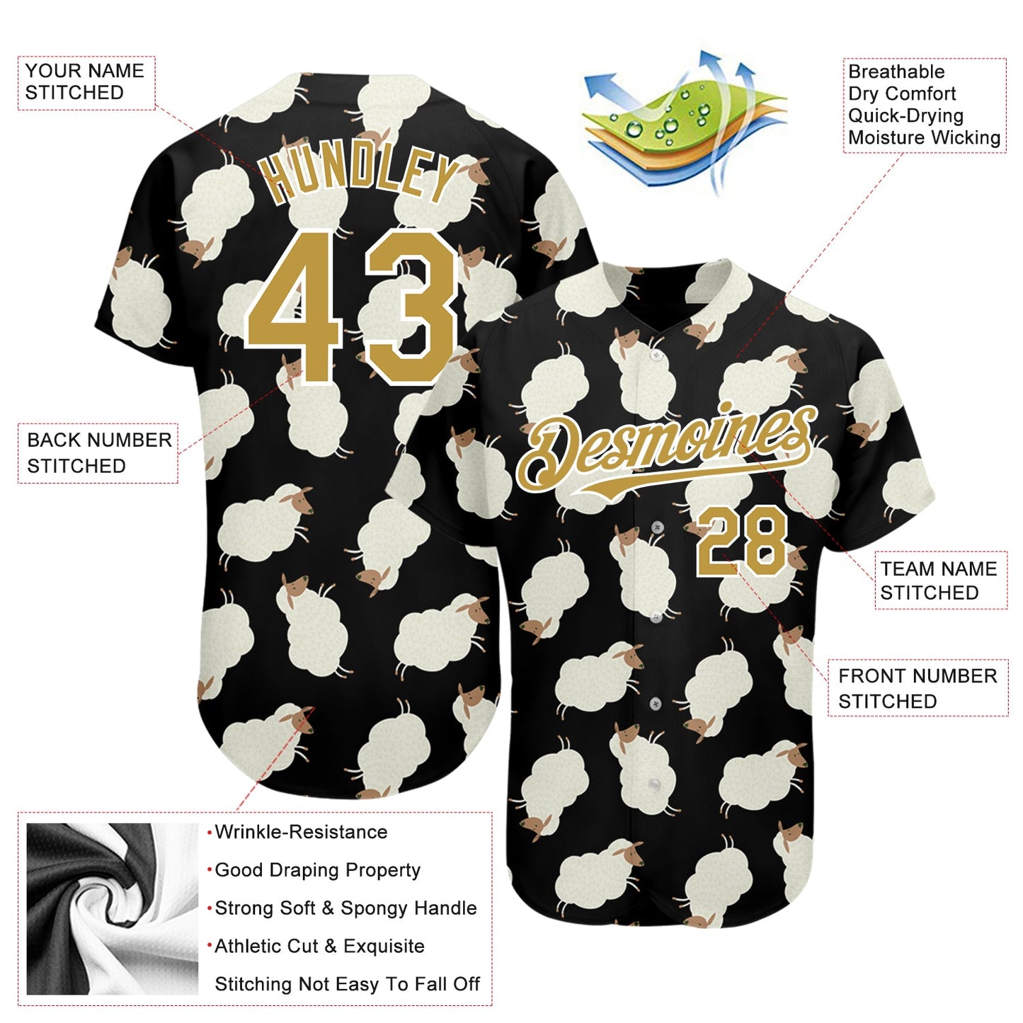 Custom Black Old Gold-White 3D Pattern Design Goat Authentic Baseball Jersey view 3