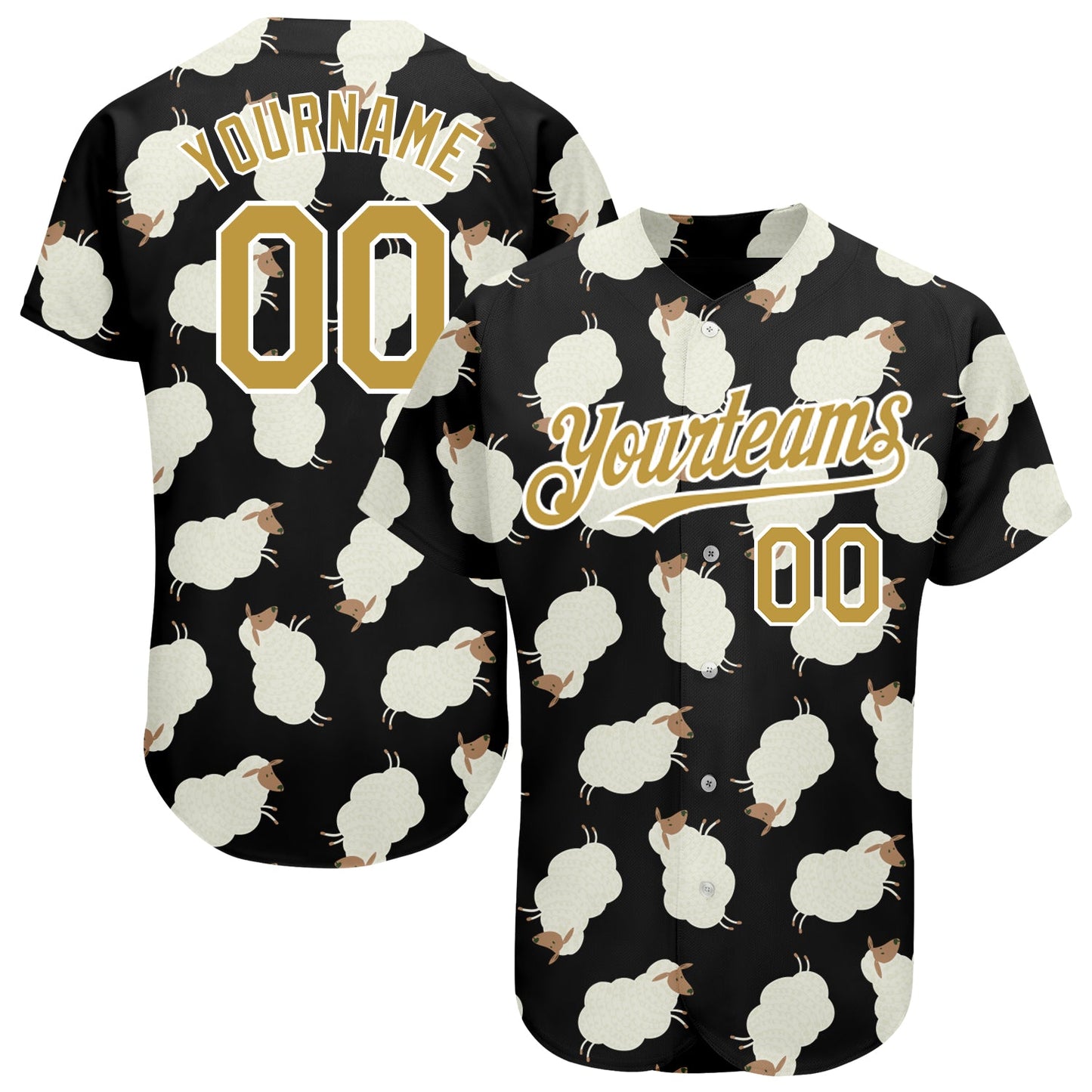 Custom Black Old Gold-White 3D Pattern Design Goat Authentic Baseball Jersey - Main View
