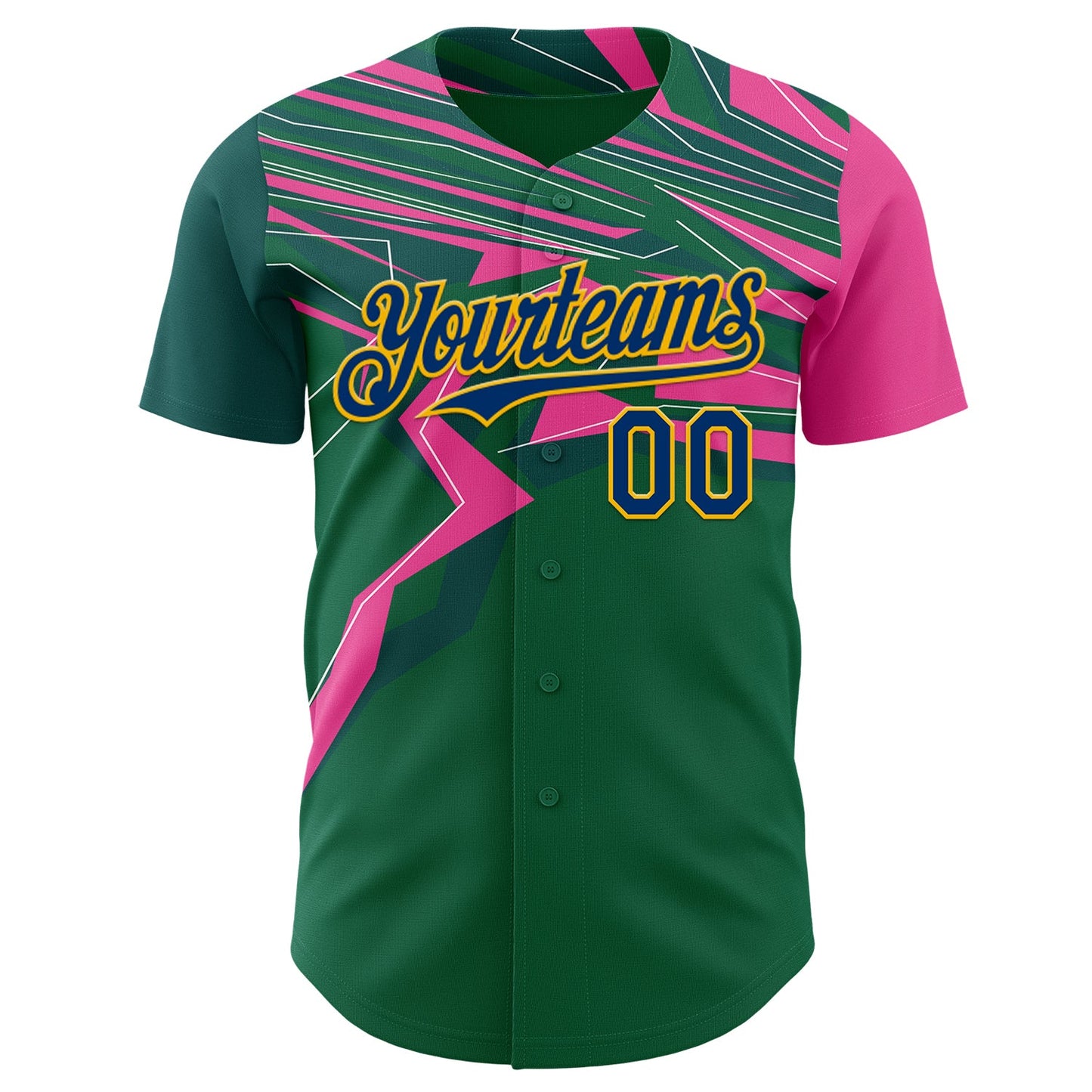 Custom Green US Navy Blue Hot Pink-Gold Geometric Patchwork Asymmetry Authentic Baseball Jersey view 2