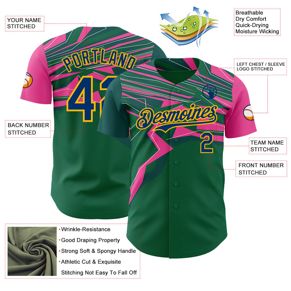 Custom Green US Navy Blue Hot Pink-Gold Geometric Patchwork Asymmetry Authentic Baseball Jersey view 3