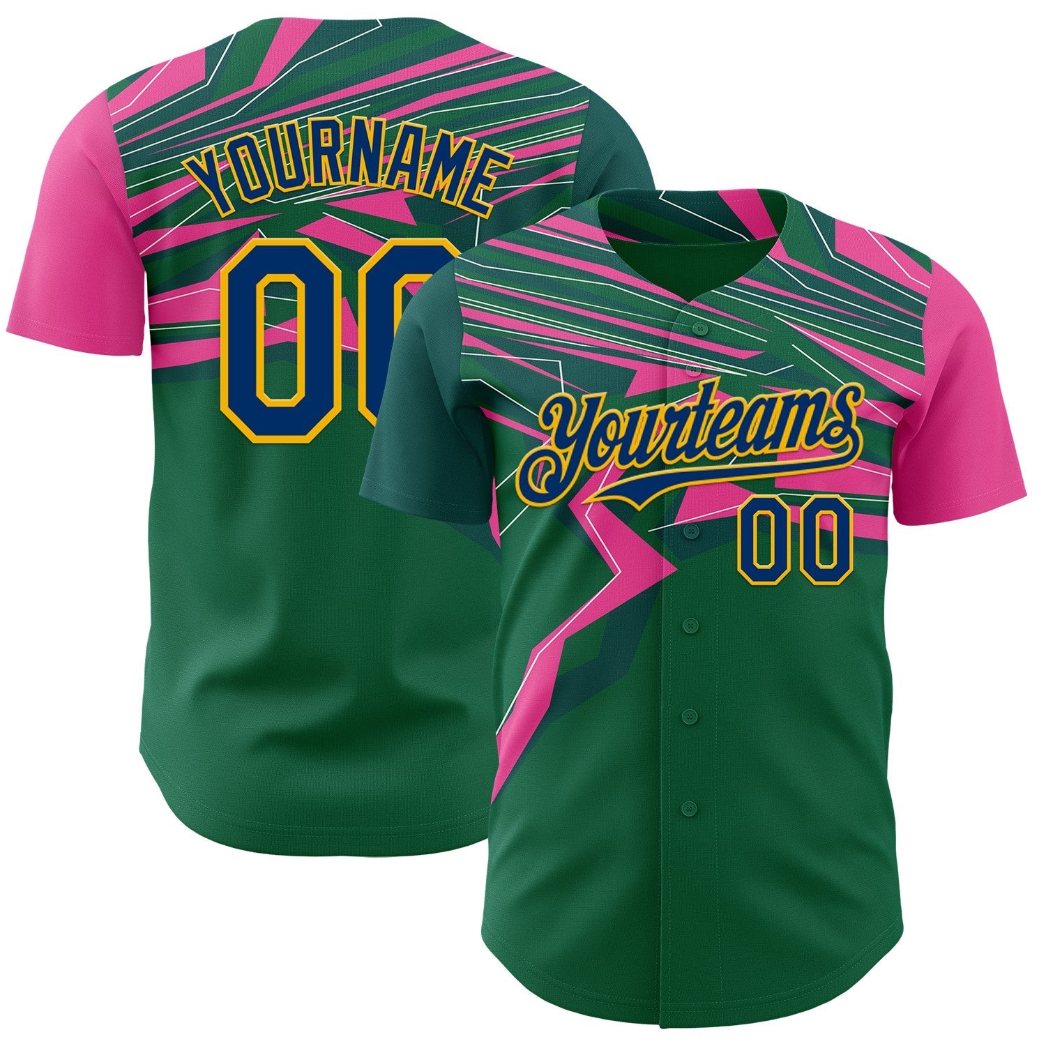Custom Green US Navy Blue Hot Pink-Gold Geometric Patchwork Asymmetry Authentic Baseball Jersey - Main View