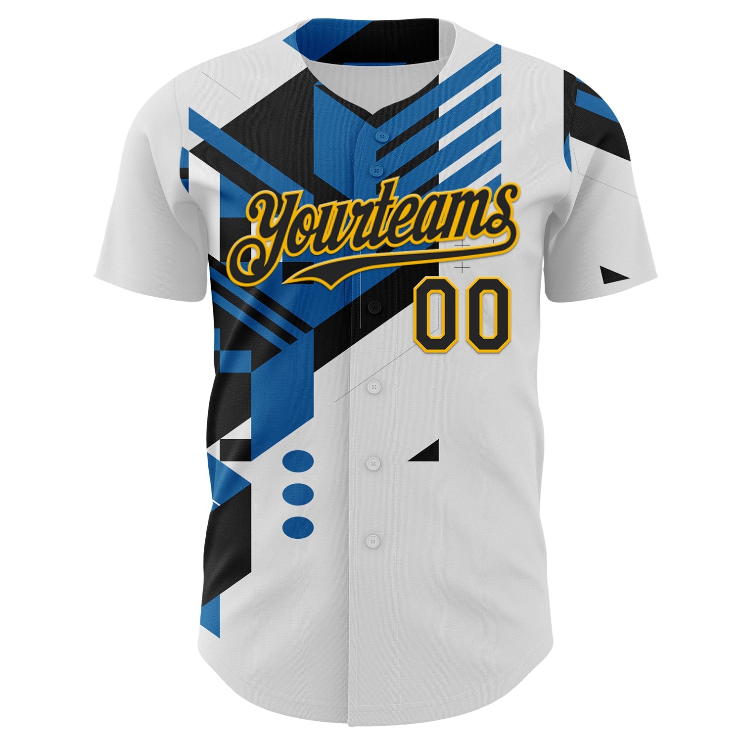 Custom White Black Blue-Gold Geometric Patchwork Asymmetry Authentic Baseball Jersey view 2