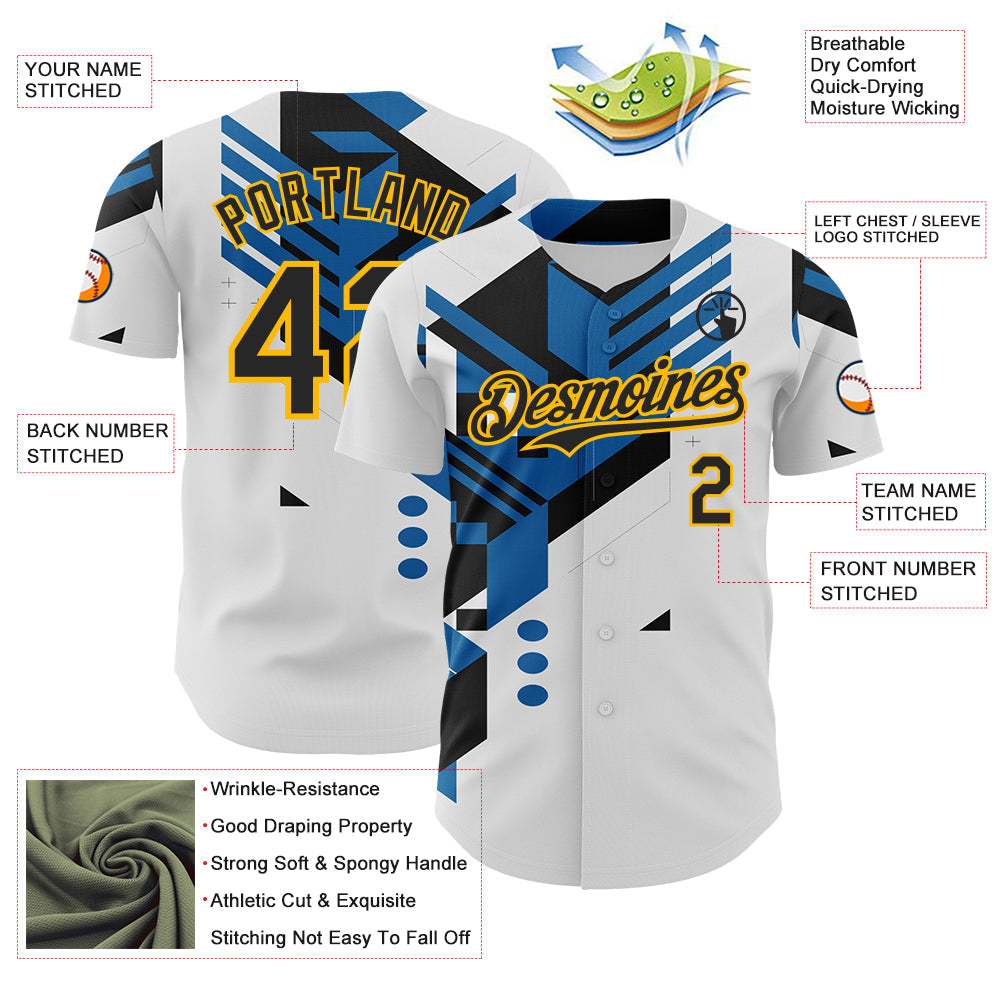 Custom White Black Blue-Gold Geometric Patchwork Asymmetry Authentic Baseball Jersey view 3