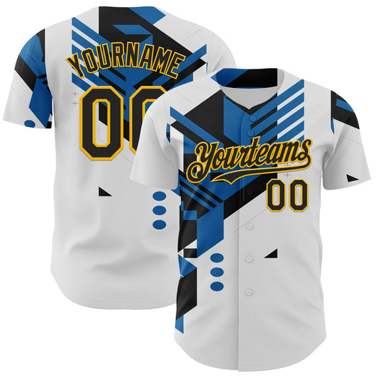 Custom White Black Blue-Gold Geometric Patchwork Asymmetry Authentic Baseball Jersey - Main View